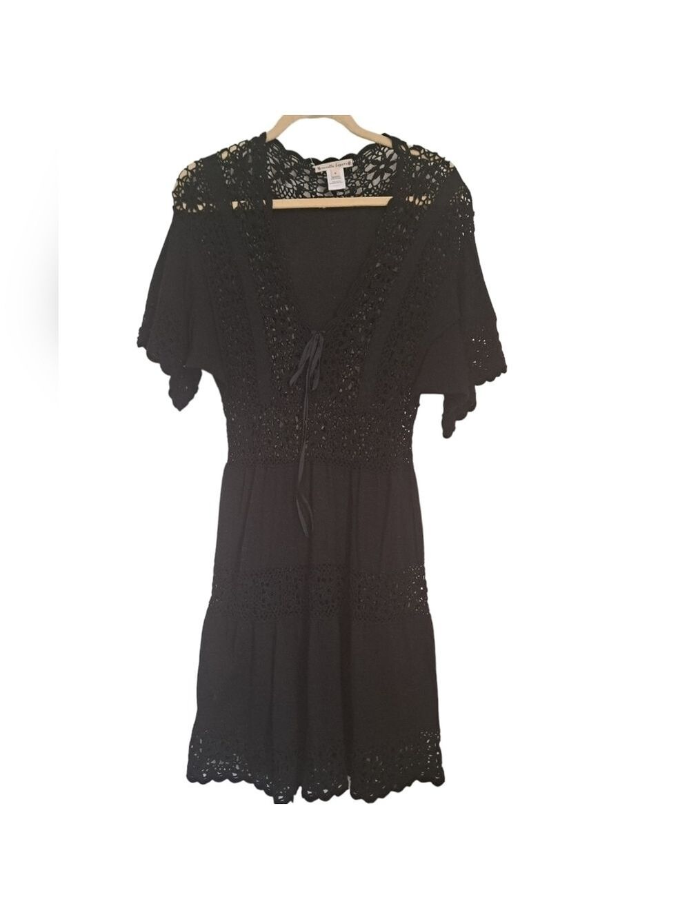NANETTE LEPORE black cotton crochet knit cut out short sleeve cover up dress M - Picture 6 of 10